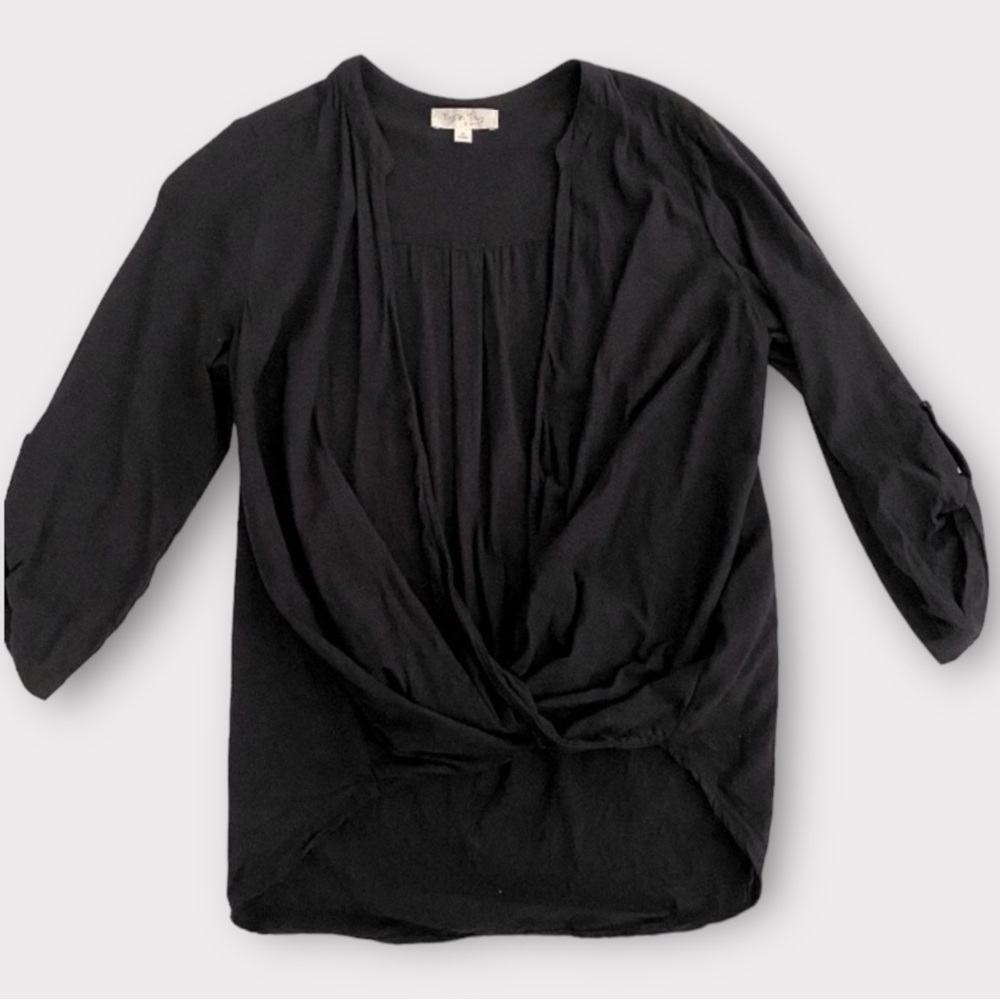 Byron Bay Women’s Top Medium Blouson Wrap High Low Hem Roll Tab Sleeve Beachy